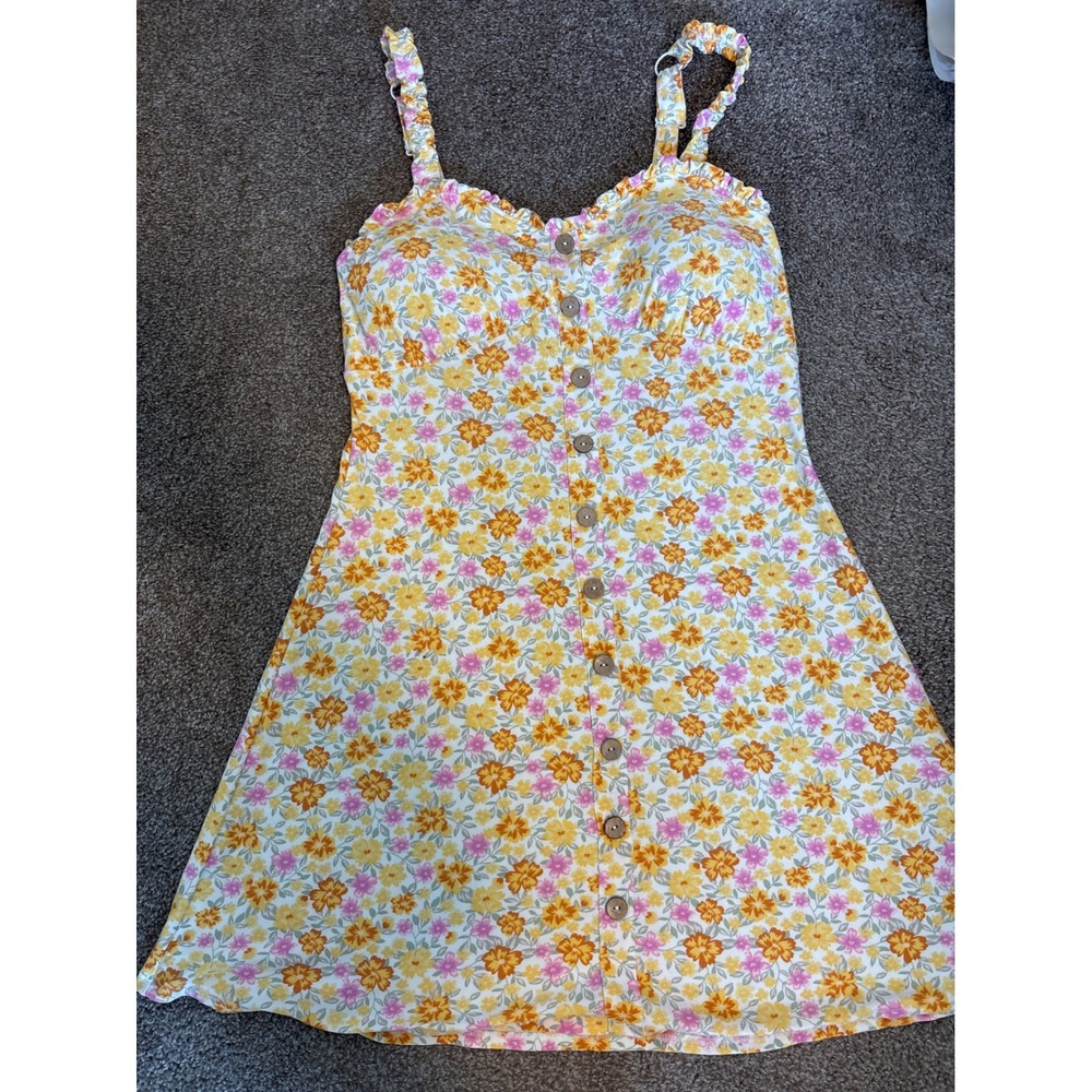 Derek Heart Floral Mini Dress Women XL Yellow Excellent Button Front Sundress